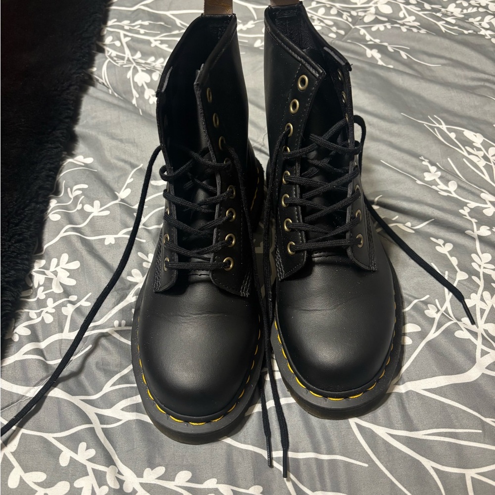 Dr. Martens Black Leather Combat Boots with Yellow Stitching